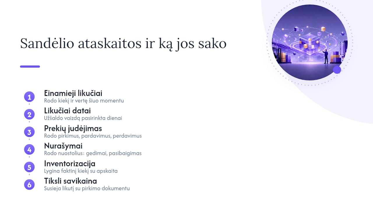 Penkių sandėlio ataskaitų paskirties schema