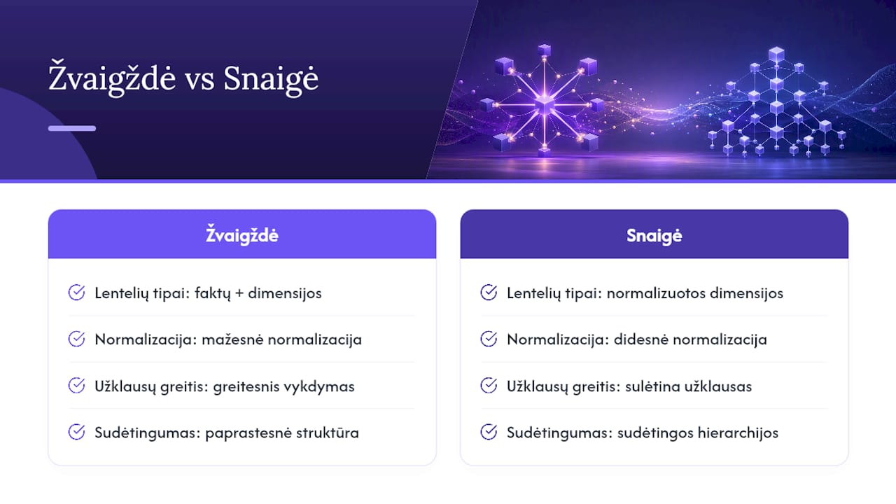 Žvaigždės ir snaigės schemų modelių palyginimo diagrama