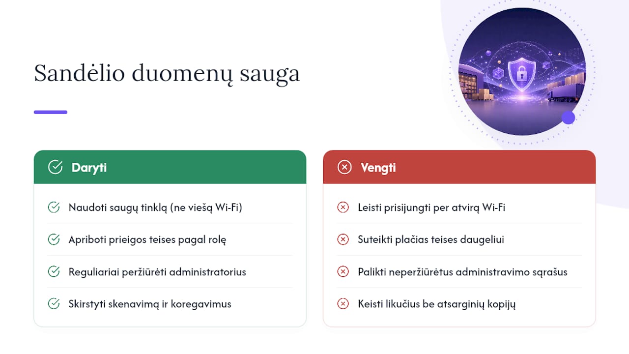 Duomenų saugumo aspektai sandėlio valdyme su Rivilė — overview diagram