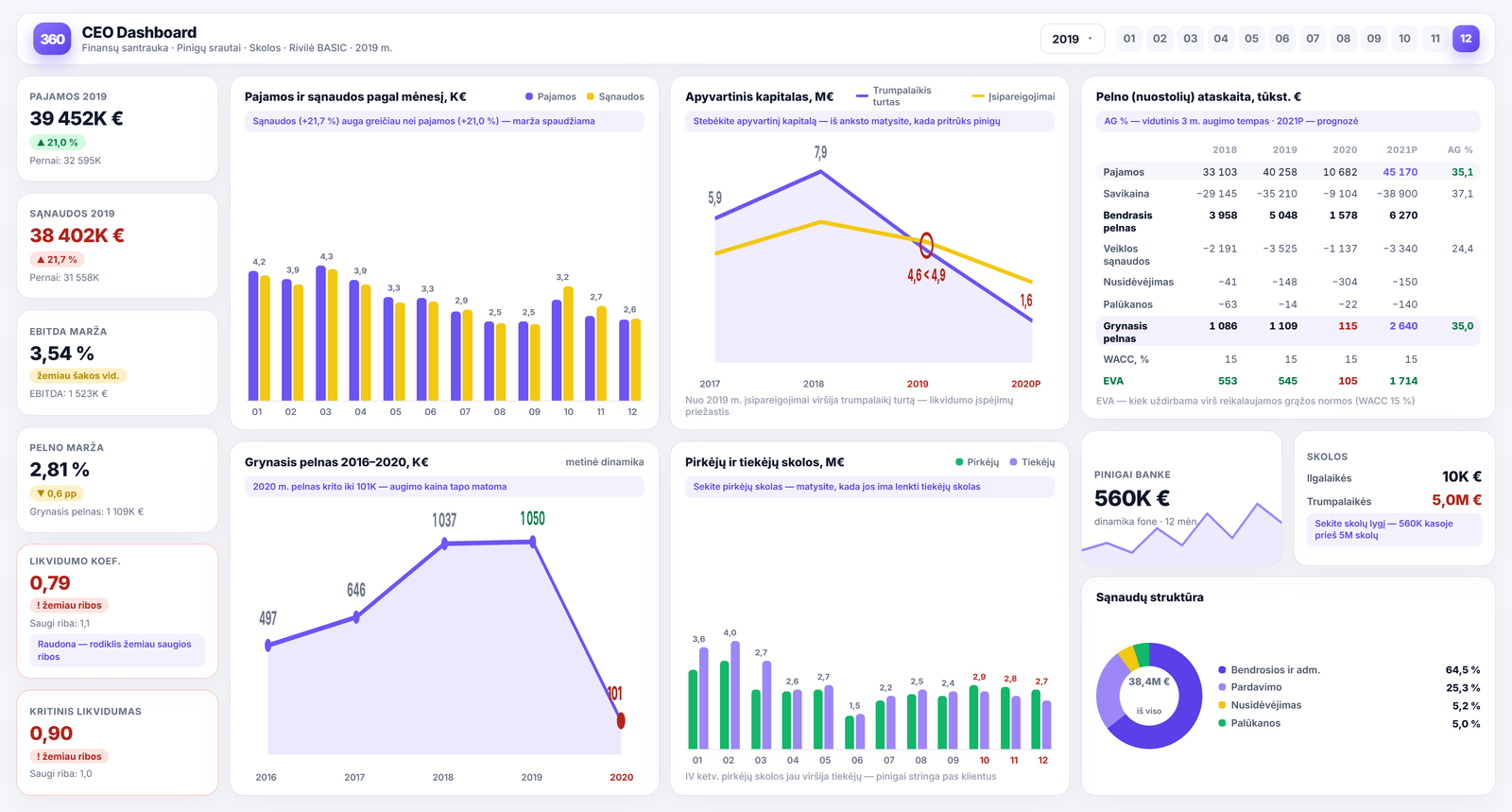 CEO Dashboard — the executive report in Power BI: revenue, costs, EBITDA margin, liquidity, working capital and debt